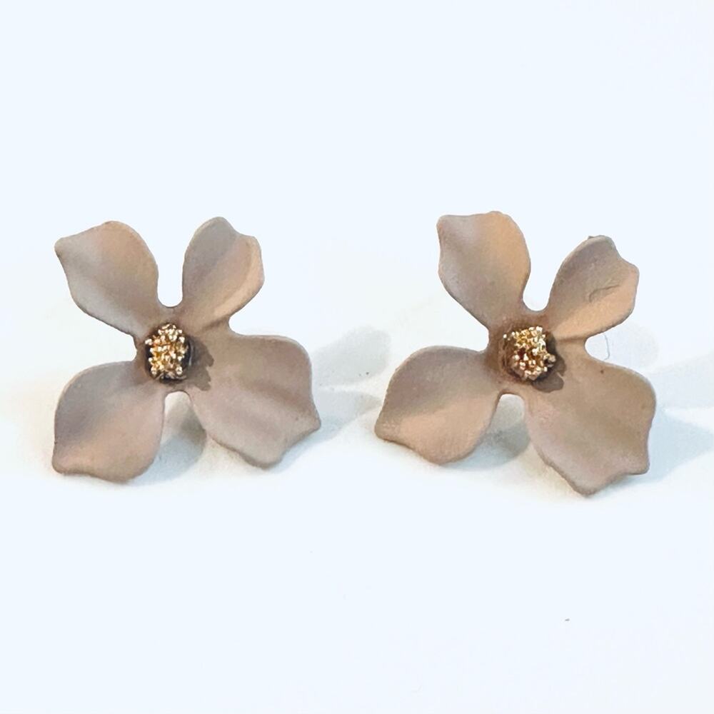 Hand Painted Taupe Metal Flower Earrings